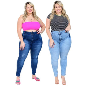 kit 2 calças femininas plus size jeans cintura alta com lycra