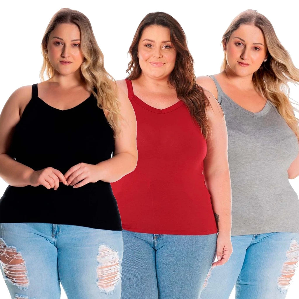 Kit 3 Regatas Básicas de Alcinha Plus Size