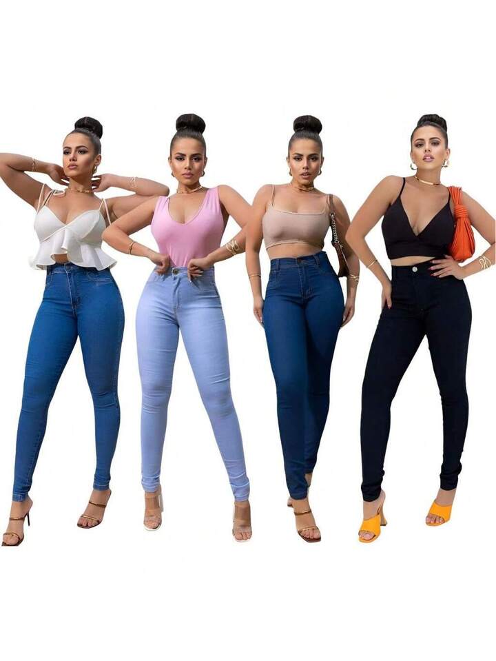 Kit 4 Calça Jeans Feminina Siknny Com Lycra Cintura Alta