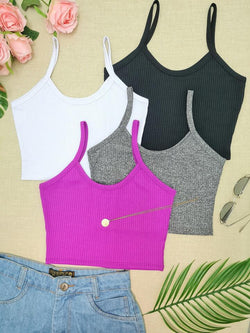 KIT 4 Cropped Top Suspensório Cortado Em Malha Canelada