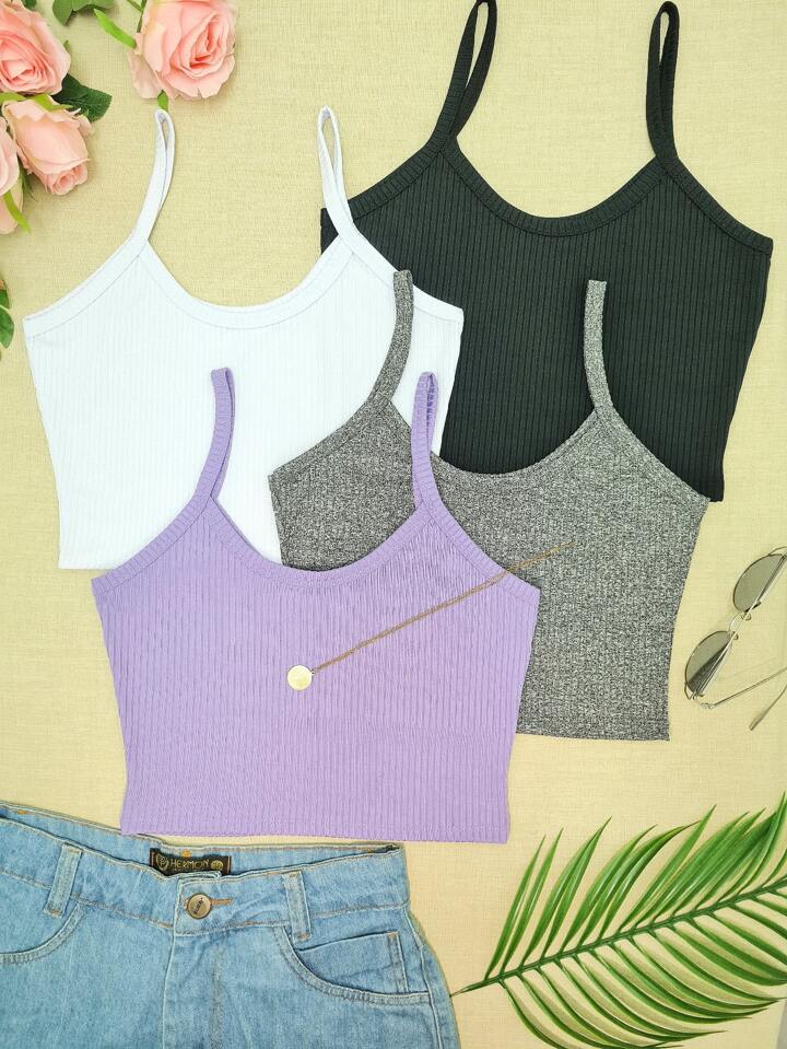 KIT 4 Cropped Top Suspensório Cortado Em Malha Canelada