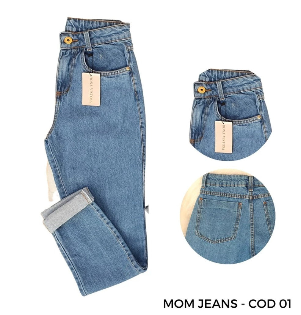 Mom Jeans Calça Cintura Super Alta Feminina Manchada Clara Escura