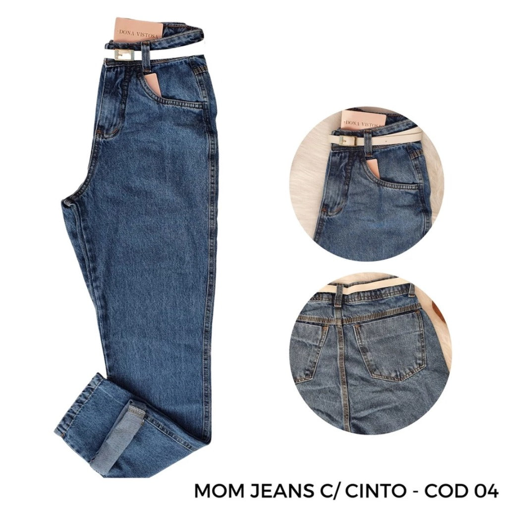 Mom Jeans Calça Cintura Super Alta Feminina Manchada Clara Escura