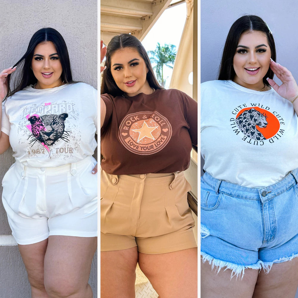 KIT 03 T-SHIRT PLUS SIZE FEMININA MALHA ALGODÃO