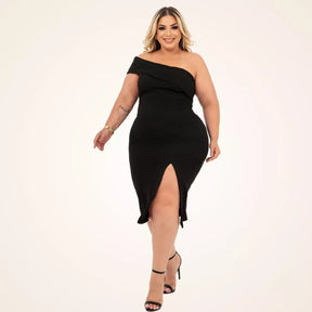 Vestido Plus Size Midi Acinturado Modelador Fenda Lateral