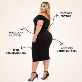 Vestido Plus Size Midi Acinturado Modelador Fenda Lateral