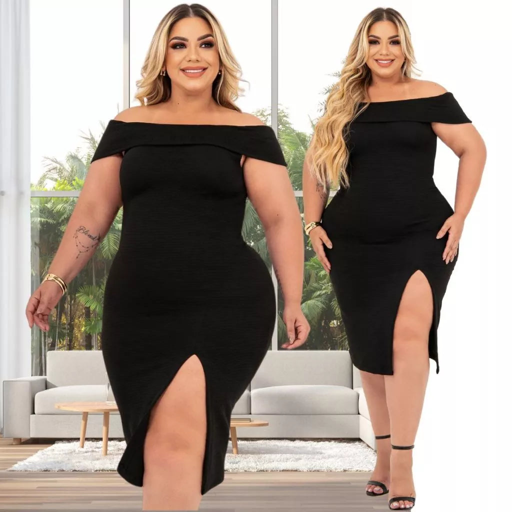 Vestido Plus Size Midi Acinturado Modelador Fenda Lateral