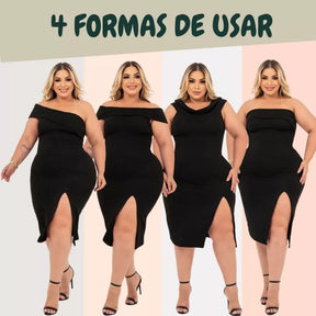 Vestido Plus Size Midi Acinturado Modelador Fenda Lateral