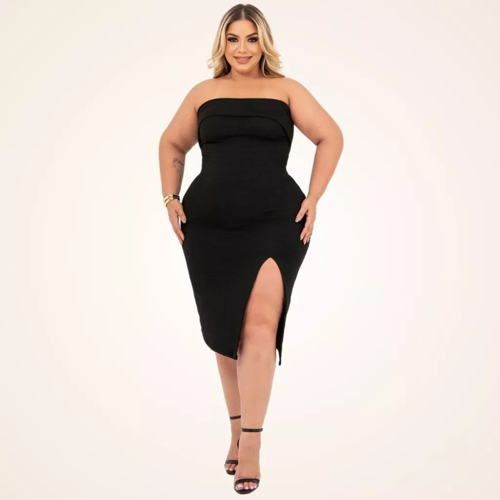 Vestido Plus Size Midi Acinturado Modelador Fenda Lateral