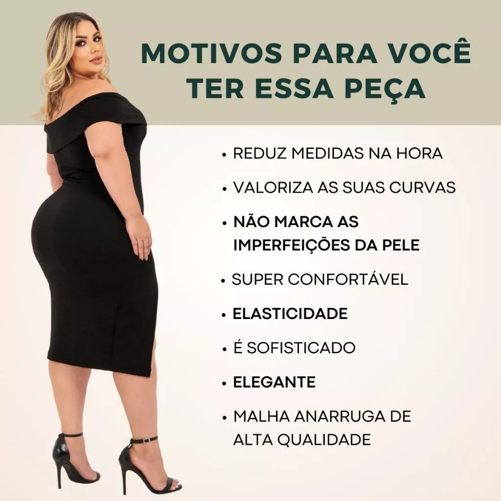 Vestido Plus Size Midi Acinturado Modelador Fenda Lateral