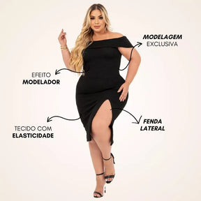 Vestido Plus Size Midi Acinturado Modelador Fenda Lateral