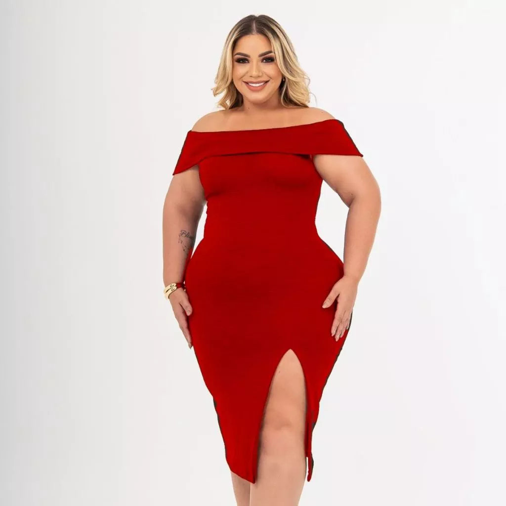 Vestido Plus Size Midi Acinturado Modelador Fenda Lateral