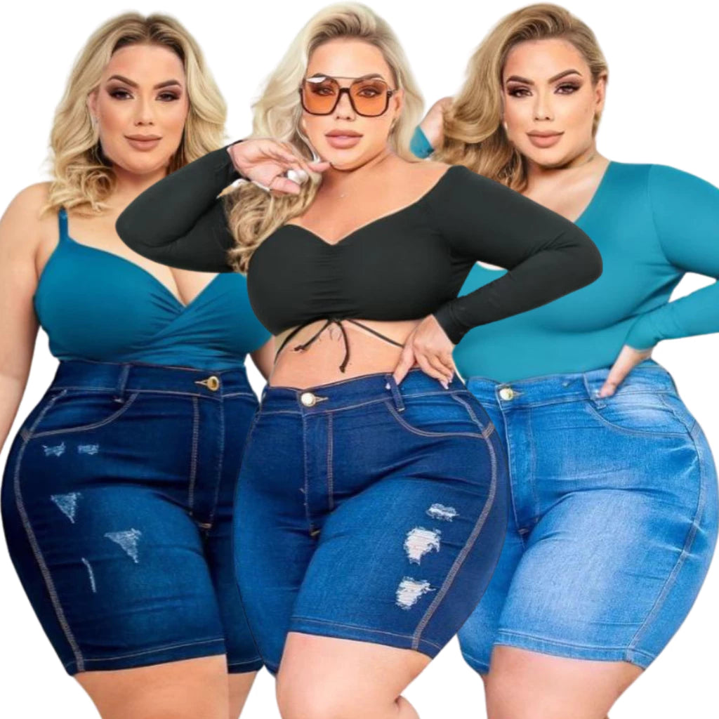 Kit 3 Shorts Plus Size Jeans Bermudas Com Lycla