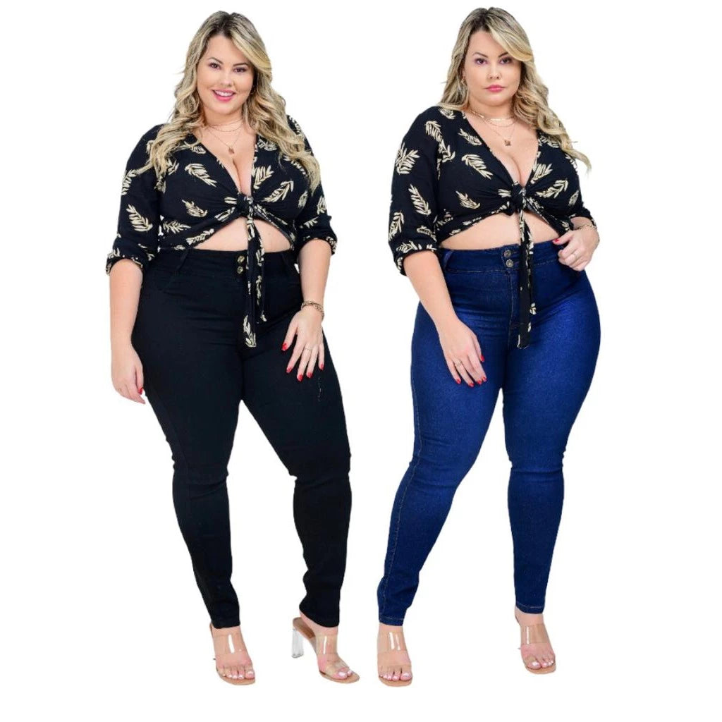 kit 2 calças femininas plus size jeans cintura alta com lycra