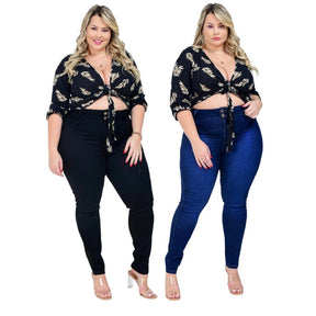 kit 2 calças femininas plus size jeans cintura alta com lycra