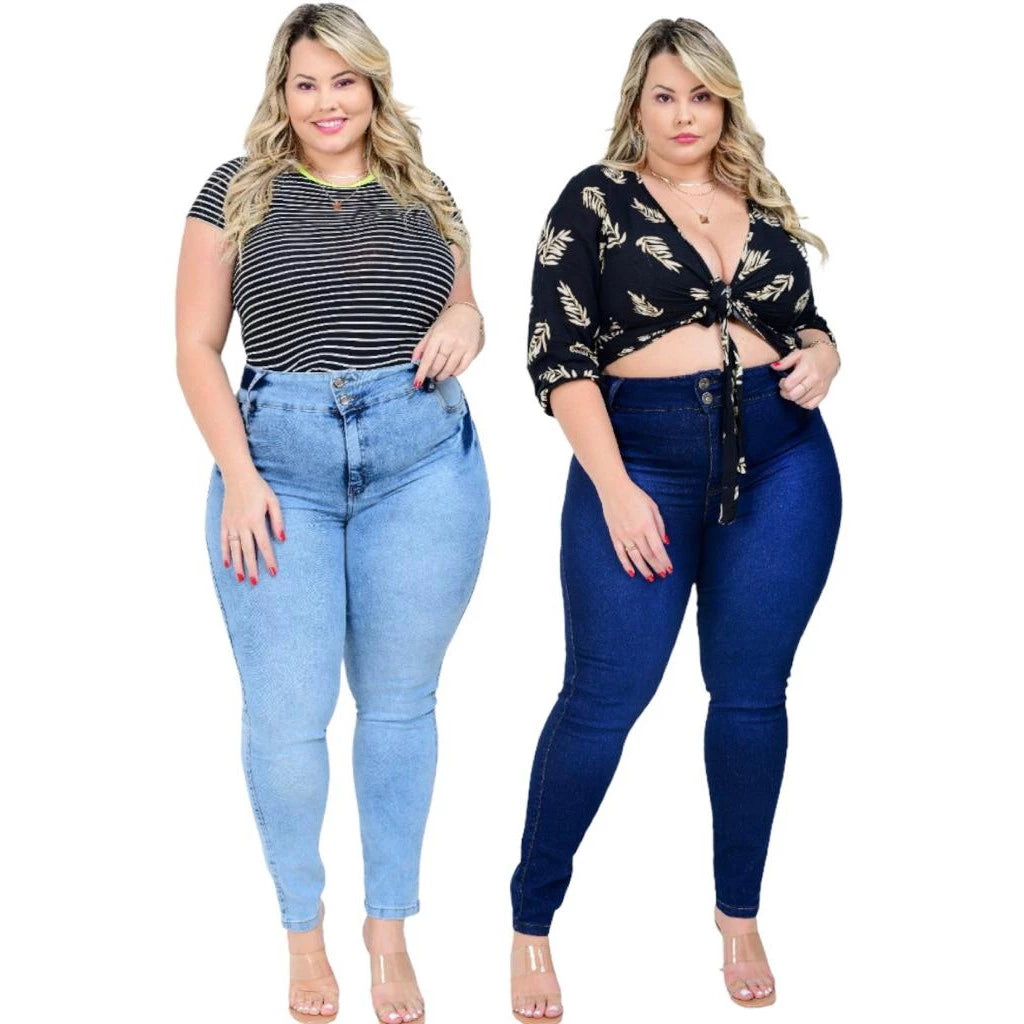 kit 2 calças femininas plus size jeans cintura alta com lycra