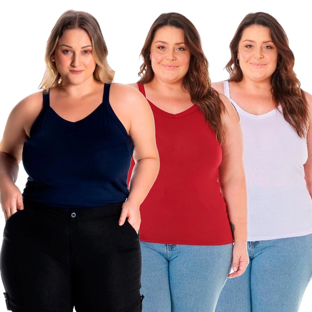 Kit 3 Regatas Básicas de Alcinha Plus Size