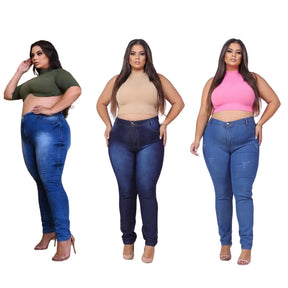 KIT 3 Calça Jeans Feminina Plus Size Cintura Alta Com Lycra